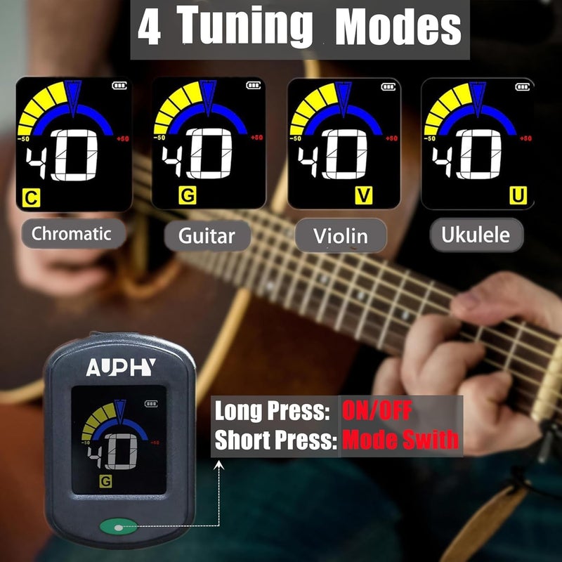 AUPHY Store Rechargeable Guitar Tuner Clip-on Tuner, HD Colour Screen - With Guitar, Ukulele, Violin & Chromatic Tuning Modes (Type-C cable not included) (Green) - Image 5